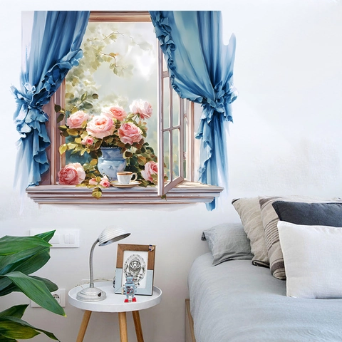 Adesivo da Parete Finestra 3D Tenda Blu Rosa Rosa Floreale PVC Decalcomania per Soggiorno Camera da Letto Decorazione