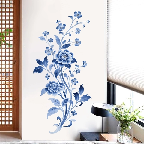 Blue Peony Flower Wall Sticker PVC Self Adhesive Chinese Porcelain Style Mural Removable Home Decor For Living Room Bedroom