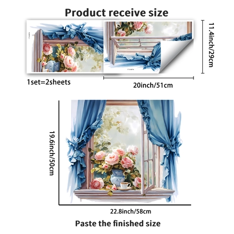 Adesivo da Parete Finestra 3D Tenda Blu Rosa Rosa Floreale PVC Decalcomania per Soggiorno Camera da Letto Decorazione