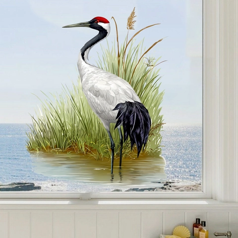 Retro Chinesischer Stil Mandschurenkranich Wandtattoo PVC Wasserdicht Fensteraufkleber Tuschmalerei Schilf Wandbild Für Wohnzimmer