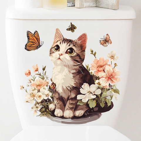 Lindo Adhesivo para Inodoro de Gato y Flores Impermeable de PVC Autoadhesivo para Decoración de Tanque y Tapa de Baño