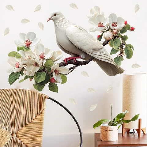 Modern Creative White Dove Bird on Blooming Tree Branch Wall Sticker Waterproof PVC Self Adhesive Decor For Living Room Bedroom