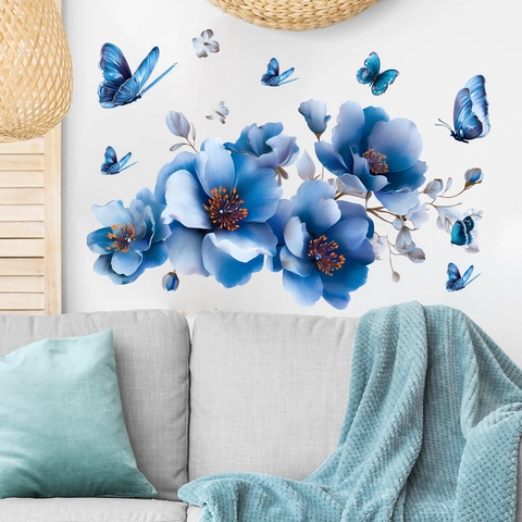Traumhaft Blau Blume und Schmetterling Wandtattoo Wasserdicht Abnehmbar PVC Dekorative Aufkleber für Wohnzimmer Schlafzimmer