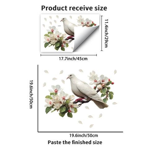 Modern Creative White Dove Bird on Blooming Tree Branch Wall Sticker Waterproof PVC Self Adhesive Decor For Living Room Bedroom