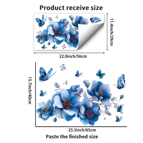 Traumhaft Blau Blume und Schmetterling Wandtattoo Wasserdicht Abnehmbar PVC Dekorative Aufkleber für Wohnzimmer Schlafzimmer