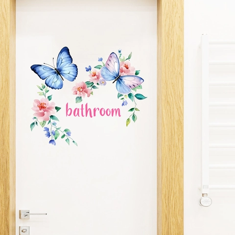 Aquarel Vlinder Bloemen Badkamer Deur Sticker Waterdicht Zelfklevend PVC Muursticker Voor Toilet Huis Decoratie
