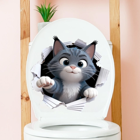 Creativo Adesivo per WC Gatto 3D PVC Impermeabile Decalcomania Parete Rotta Carino Gattino Decorazione per Bagno Casa