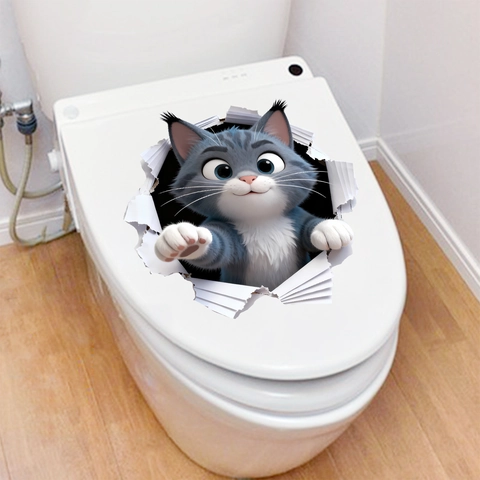 Creativo Adesivo per WC Gatto 3D PVC Impermeabile Decalcomania Parete Rotta Carino Gattino Decorazione per Bagno Casa