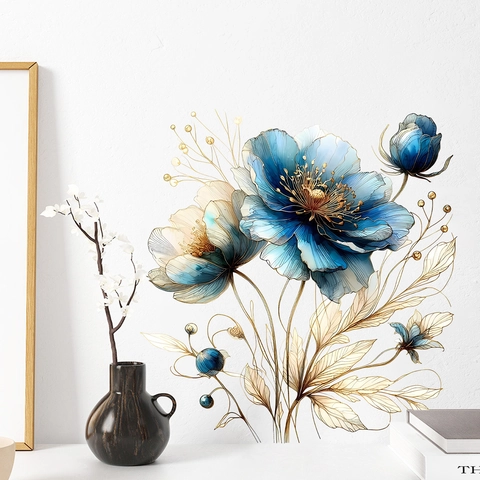 Moderni Adesivi Murali in PVC Con Foglie di Fiori Blu Autoadesivi Impermeabili Decalcomanie d'Arte Per Camera Da Letto Soggiorno Decorazione Casa