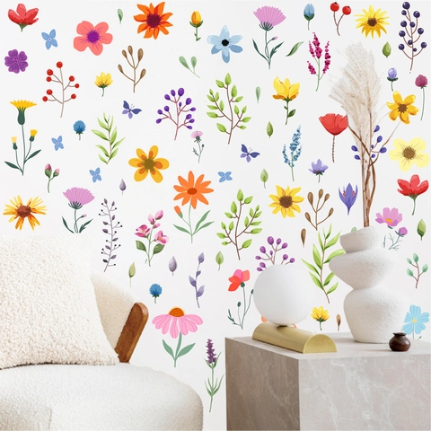 Kleurrijke Florale Vlinder Muursticker PVC Zelfklevend Aquarell Bloem Plant Decoratieve Sticker Voor Slaapkamer Woonkamer Huis Decor