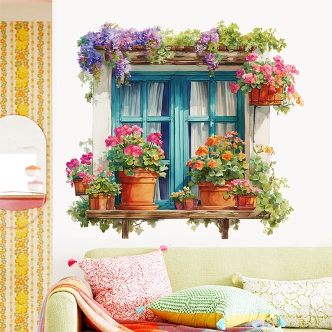 3D Fensteransicht Wandtattoo PVC Blumen Topfpflanze Landhausstil Aufkleber Für Wohnzimmer Schlafzimmer Home Dekoration