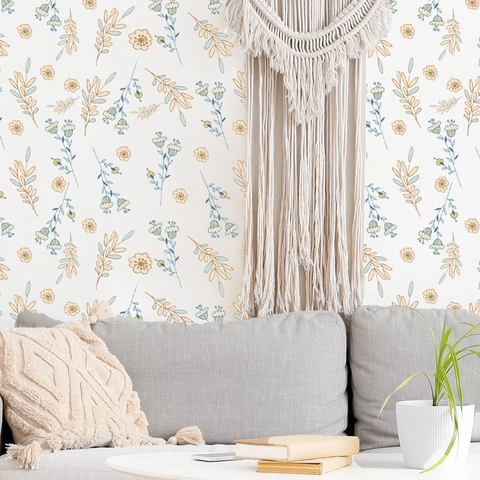 Selbstklebende PVC Blumen Wandaufkleber Handgemalte Blaue Blumen Blätter Tapete Für Schlafzimmer Wohnzimmer Hintergrund Dekor