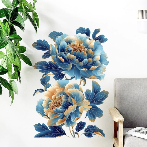 Stickers Muraux Modernes Fleur de Pivoine Bleue en PVC Imperméable Style Chinois Décalcomanies Florales pour Salon Chambre Maison
