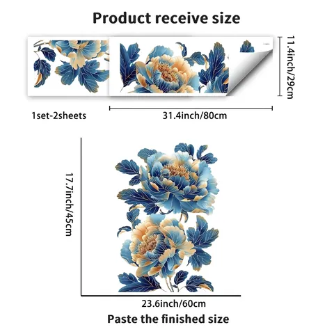 Stickers Muraux Modernes Fleur de Pivoine Bleue en PVC Imperméable Style Chinois Décalcomanies Florales pour Salon Chambre Maison