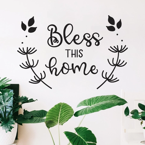 Adesivo da Parete Bless THIS Home Citazione Ispiratrice PVC Decorazione Floreale Murale Rimovibile per Soggiorno Ufficio