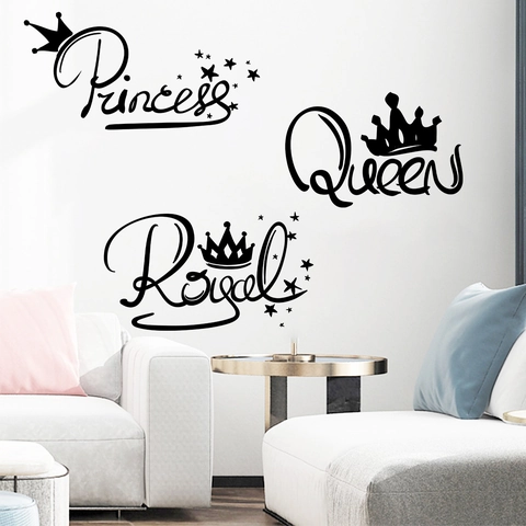 Pegatinas De Pared Princesa Reina Real Corona Estrellas Negro PVC Calcomanías Extraíbles Para Habitación De Niñas Dormitorio DIY