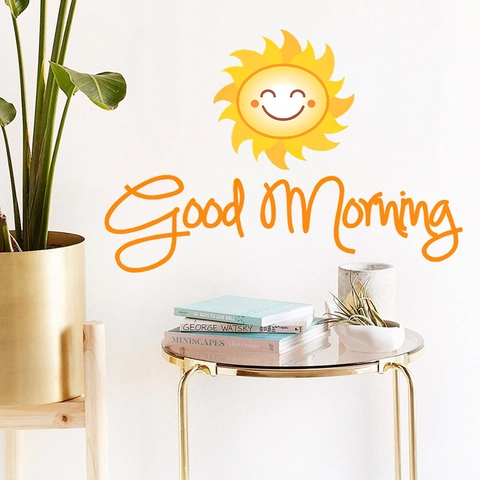 Cartoon Smiling Sun Good Morning Wall Sticker PVC Self-Adhesive Slogan Decal For Kids Room Kindergarten Home Decoration