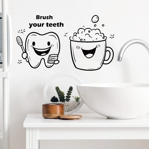 Cepilla Tus Dientes Dibujos Animados Diente Taza Pegatina de Pared de Baño Removible PVC Impermeable Fondo de Espejo Calcomanía Decorativa