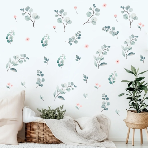 Watercolor Eucalyptus Leaves And Pink Flowers Wall Stickers PVC Waterproof Decorative Wall Decals For Bathroom Home Decor