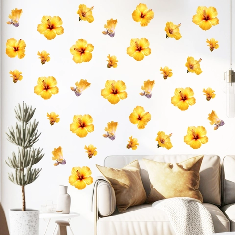 Yellow Sunflower Hibiscus Floral Wall Stickers Waterproof Self Adhesive PVC Fresh Flower Wall Decals For Living Room Bedroom Decor