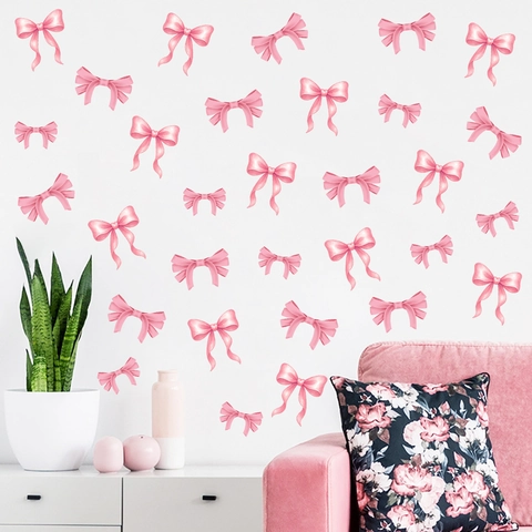 Pink Bow Wall Stickers Waterproof PVC Aesthetic Cartoon Ribbon Wall Decals For Bedroom Living Room Home Decoration Background Beautification