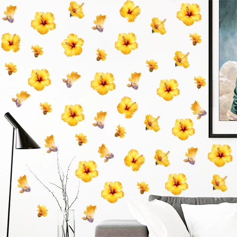 Yellow Sunflower Hibiscus Floral Wall Stickers Waterproof Self Adhesive PVC Fresh Flower Wall Decals For Living Room Bedroom Decor