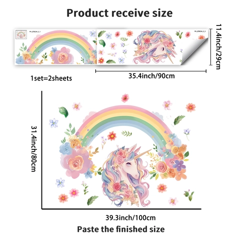 Stickers Muraux Licorne Arc-en-ciel Dessin Animé Fleurs Roses Papillon PVC Autocollants Muraux pour Chambre d'Enfant Fille