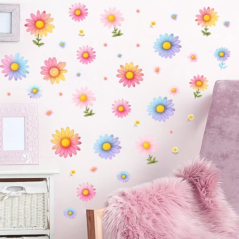 Bunte Gänseblümchen Wandaufkleber PVC Selbstklebende Blumendekore Für Kinderzimmer Wohnzimmer Kindergarten Frische Wanddeko
