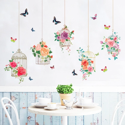 Pastoral Blumen Vogelkäfig Schmetterling Wandsticker Wasserdicht PVC Selbstklebend Heimdeko Für Wohnzimmer Kinderzimmer Wandtattoo