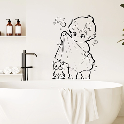 Cartoon Boy And Cat Bathing Wall Sticker Waterproof PVC Removable Bathroom Toilet Glass Decoration Line Art Decal Home Decor