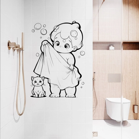 Cartoon Boy And Cat Bathing Wall Sticker Waterproof PVC Removable Bathroom Toilet Glass Decoration Line Art Decal Home Decor