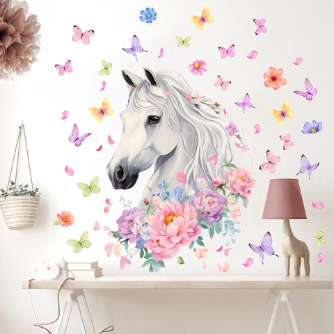 Pegatina de Pared de Acuarela Caballo Flor Mariposa PVC Autoadhesiva Para Sala de Estar Dormitorio Infantil Decoración
