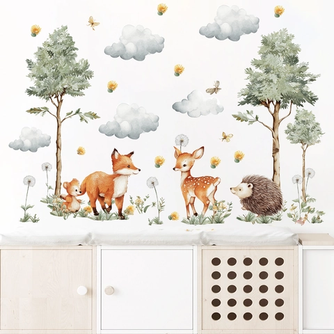 Watercolor Forest Animals Wall Stickers For Kids Room Decor PVC DIY Removable Fox Deer Bear Tree Clouds Wall Decals Nursery