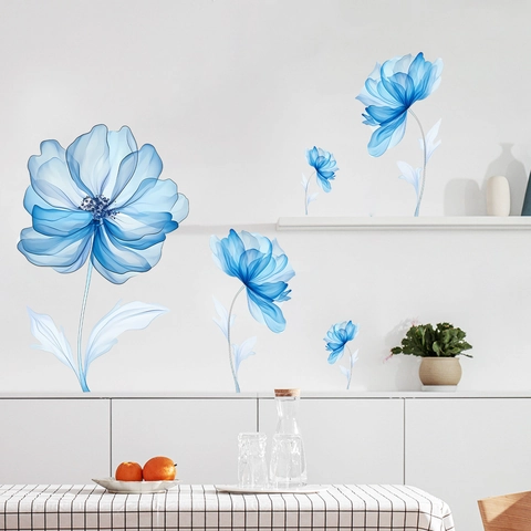 Wasserdichte PVC Hellblaue Aquarell Blume Wandaufkleber Lichtdurchlässige Florale Decals Für Wohnzimmer Schlafzimmer Dekor