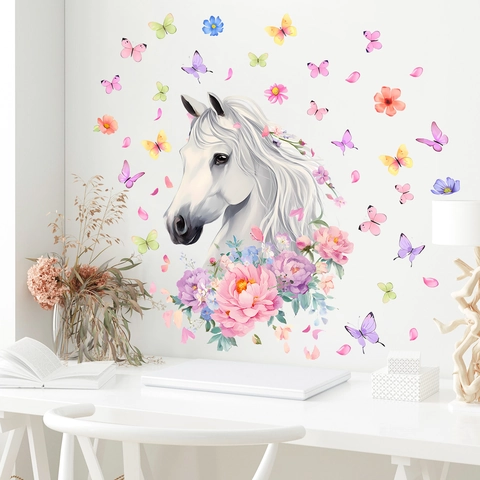 Pegatina de Pared de Acuarela Caballo Flor Mariposa PVC Autoadhesiva Para Sala de Estar Dormitorio Infantil Decoración