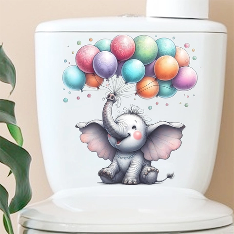 Pegatina de Inodoro de Elefante de Dibujos Animados Acuarela Globos Vinilo de Pared de PVC Autoadhesivo para Baño y Niños