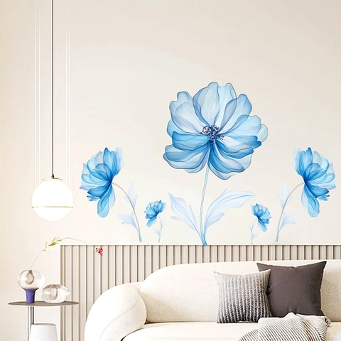 Wasserdichte PVC Hellblaue Aquarell Blume Wandaufkleber Lichtdurchlässige Florale Decals Für Wohnzimmer Schlafzimmer Dekor