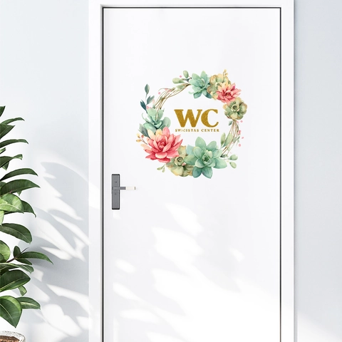 Succulent Floral Wreath WC Toilet Door Sticker Removable PVC Waterproof Wall Decal For Bathroom Home Decor Decorative Mural