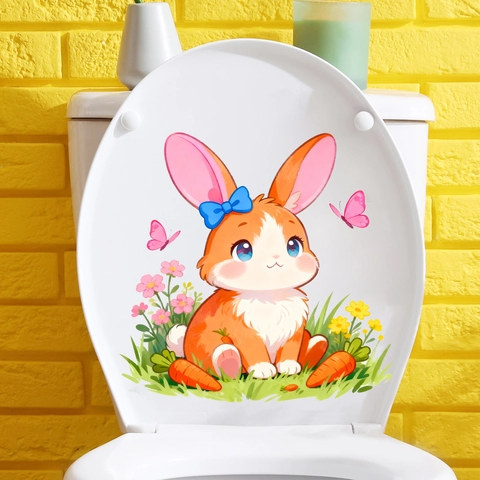 Linda Pegatina para Tapa de Inodoro con Patrón de Conejo y Flores PVC Impermeable Removible para Decoración de Baño Hogar