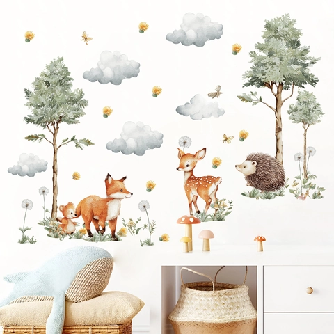 Watercolor Forest Animals Wall Stickers For Kids Room Decor PVC DIY Removable Fox Deer Bear Tree Clouds Wall Decals Nursery