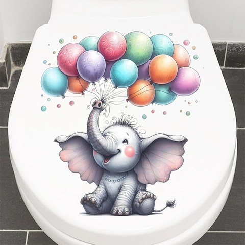 Pegatina de Inodoro de Elefante de Dibujos Animados Acuarela Globos Vinilo de Pared de PVC Autoadhesivo para Baño y Niños