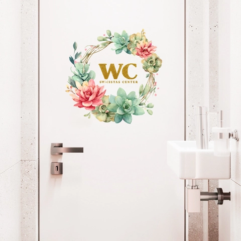 Succulent Floral Wreath WC Toilet Door Sticker Removable PVC Waterproof Wall Decal For Bathroom Home Decor Decorative Mural