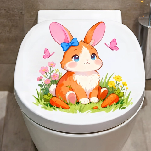 Linda Pegatina para Tapa de Inodoro con Patrón de Conejo y Flores PVC Impermeable Removible para Decoración de Baño Hogar