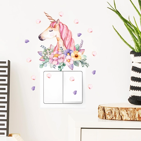 Adesivo per Interruttore con Unicorno e Fiori Acquerello PVC DIY Decalcomania da Muro per Cameretta Letto Soggiorno Decorativo