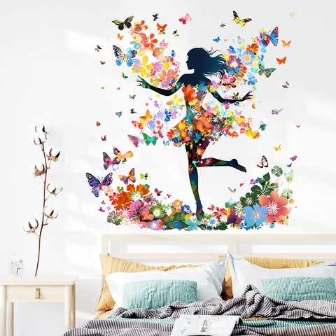 Traumhaft Blume Schmetterling Mädchen Silhouette Wandaufkleber Selbstklebend PVC Kunst Wandbild Für Wohnzimmer Schlafzimmer Deko