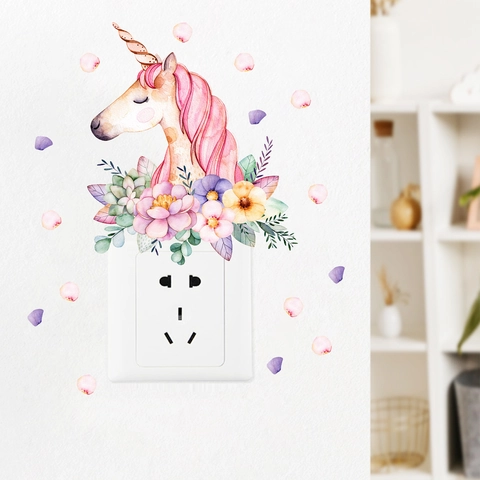 Adesivo per Interruttore con Unicorno e Fiori Acquerello PVC DIY Decalcomania da Muro per Cameretta Letto Soggiorno Decorativo