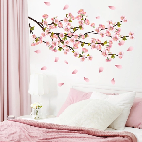 Cherry Blossom Tree Branch Wall Stickers PVC Pink Flower Petals Decals For Living Room Bedroom Home Decor Romantic Mural