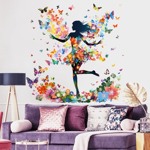 Traumhaft Blume Schmetterling Mädchen Silhouette Wandaufkleber Selbstklebend PVC Kunst Wandbild Für Wohnzimmer Schlafzimmer Deko
