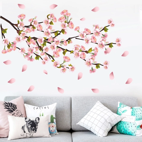 Cherry Blossom Tree Branch Wall Stickers PVC Pink Flower Petals Decals For Living Room Bedroom Home Decor Romantic Mural