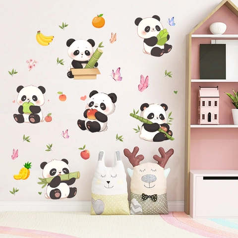 Cartoon Panda Bambus Frucht Wandaufkleber Kinderzimmer Schlafzimmer Wasserdicht PVC Abnehmbare Tiere DIY Wandtattoo Deko